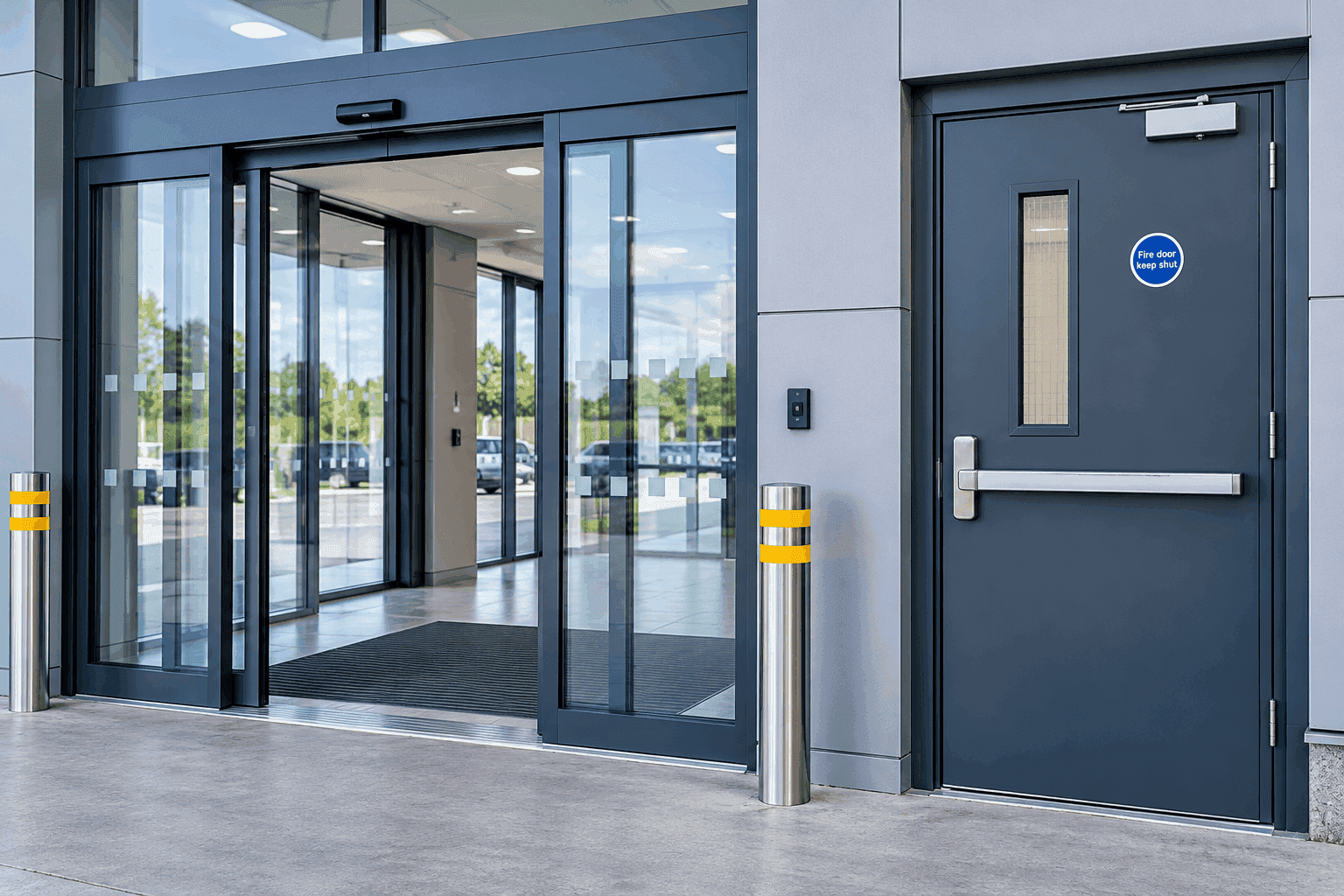 Automatic entrance doors and steel security door at a commercial premises.