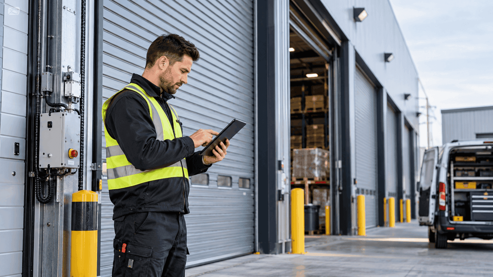 Technician using a tablet to record maintenance information for commercial doors and shutters.
