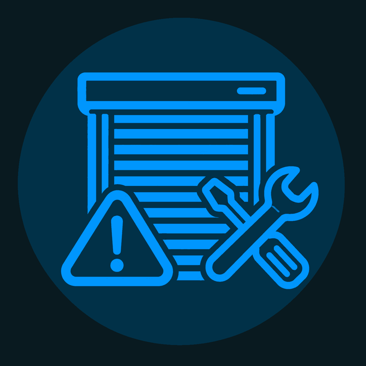 Emergency roller shutter support icon showing a roller shutter, repair tools and warning symbol.