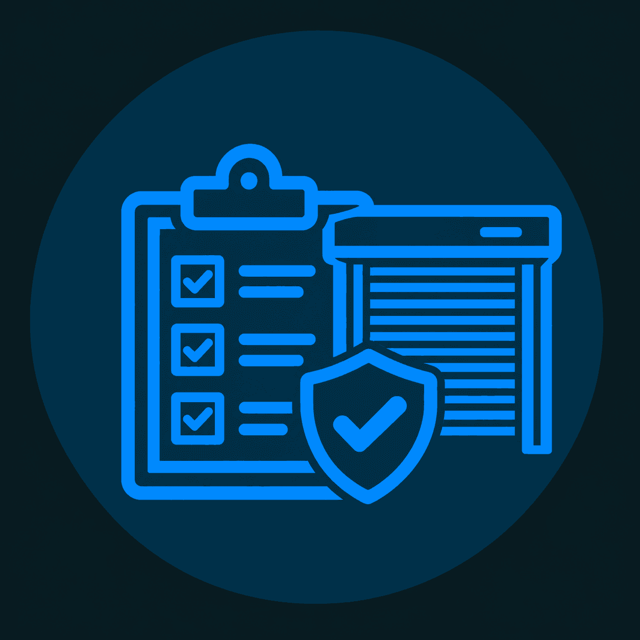 Specification support icon showing a checklist, roller shutter and approved security shield.