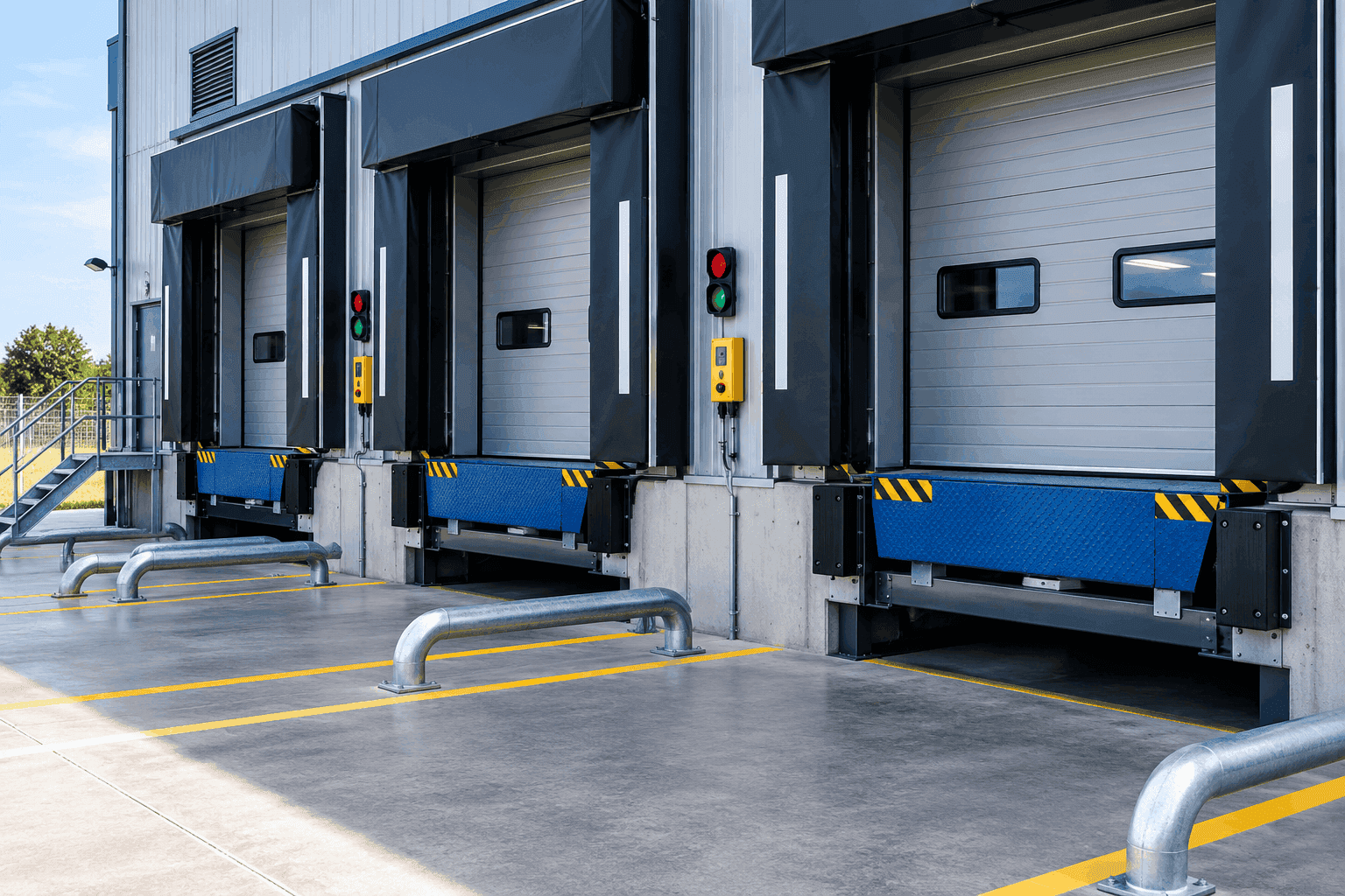 Loading bay doors, dock levellers and traffic light systems at an industrial premises.