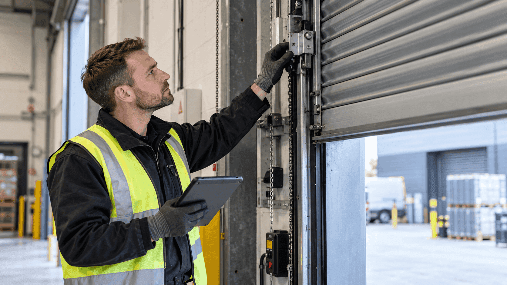 Technician inspecting an existing commercial roller shutter during a planned maintenance visit.