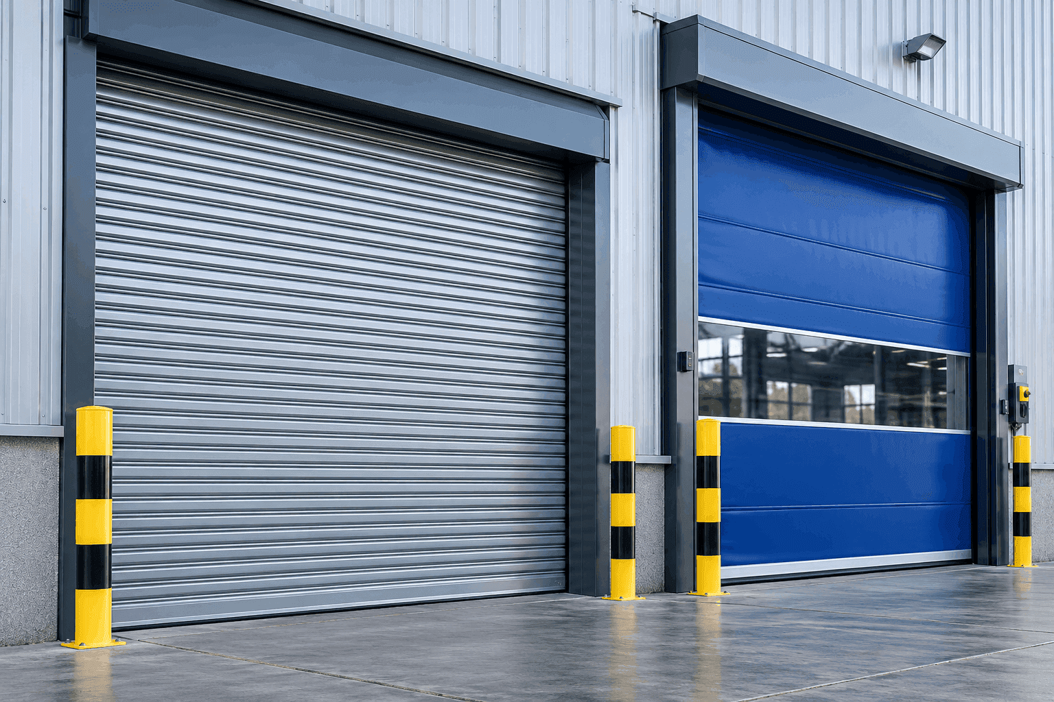 Commercial roller shutter and high-speed door at an industrial premises.