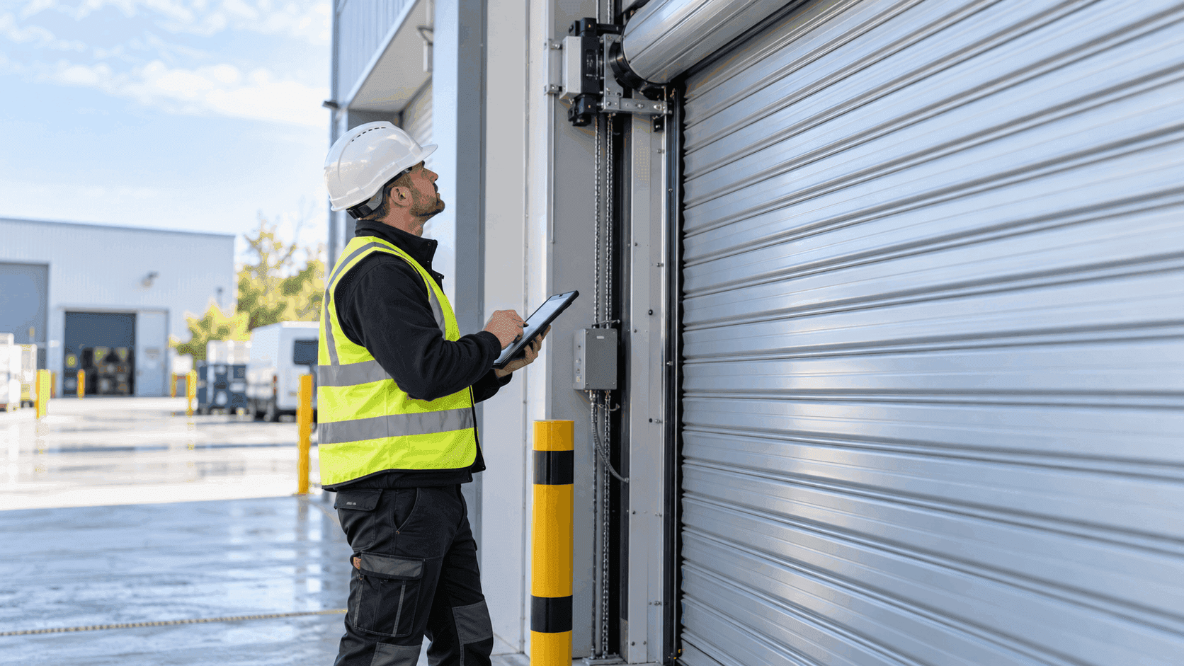 Technician carrying out a planned inspection of a commercial roller shutter.
