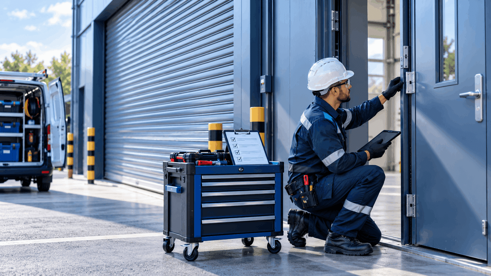 Preventative maintenance inspection of a commercial door and roller shutter at an industrial premises.