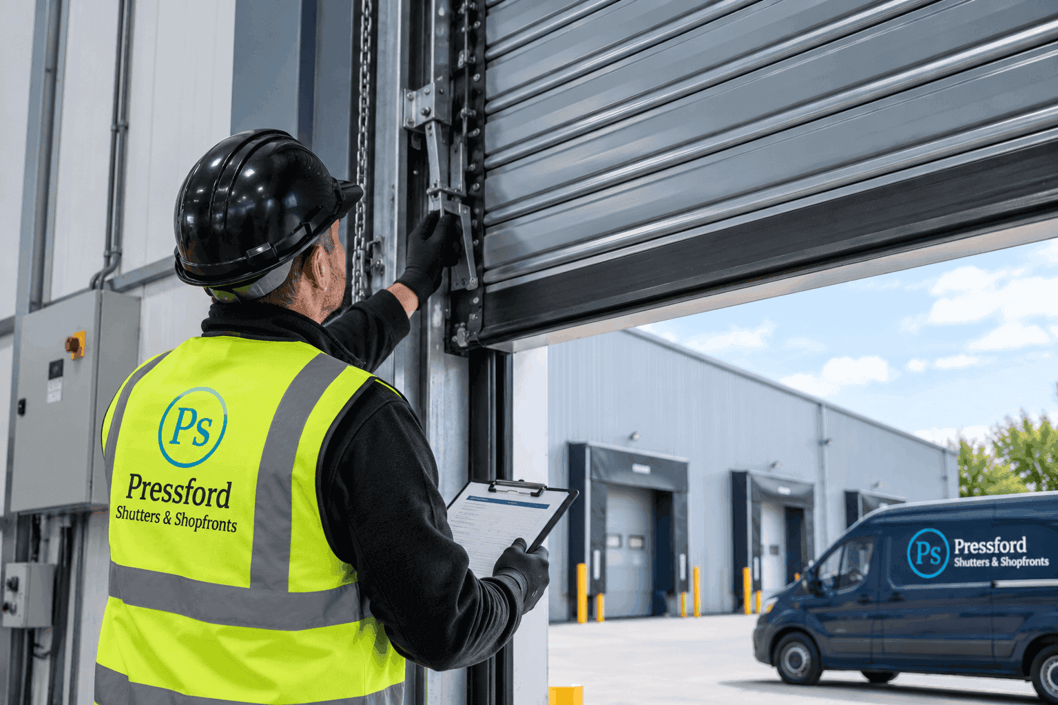 Technician inspecting a commercial roller shutter as part of planned door maintenance at an industrial premises.