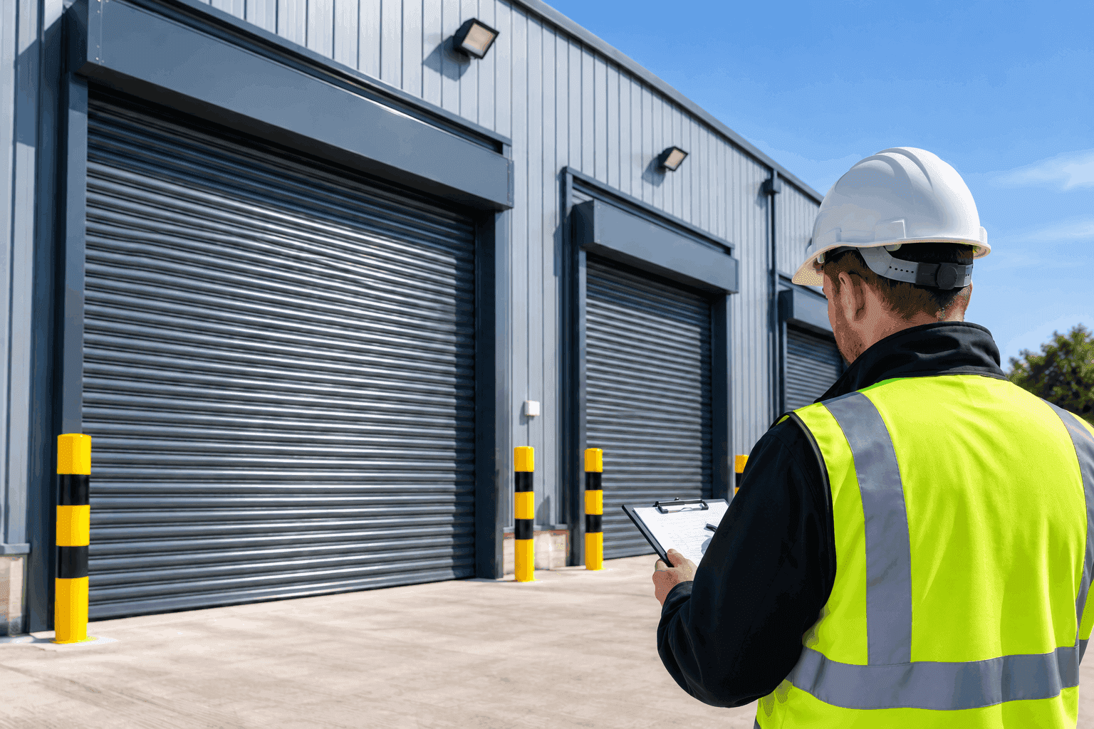 Technician inspecting commercial and industrial roller shutters at a business premises.