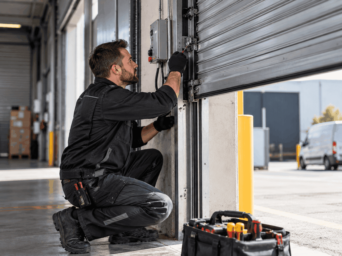 Technician carrying out emergency repairs to a commercial roller shutter at an industrial premises.