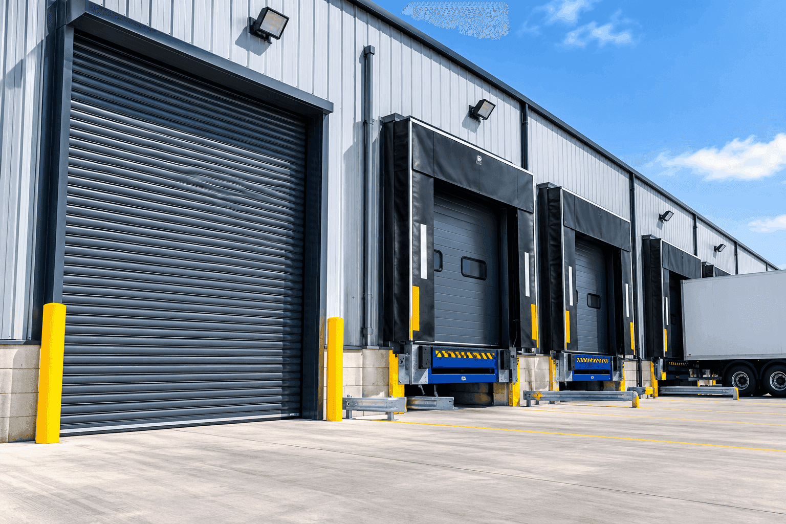 Industrial premises with roller shutters, dock shelters and loading bay equipment.