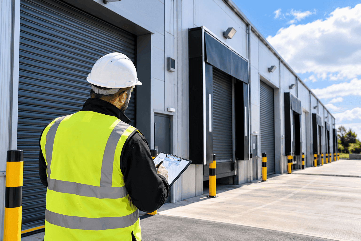 Technician inspecting commercial roller shutters and loading bays as part of multi-site maintenance planning.