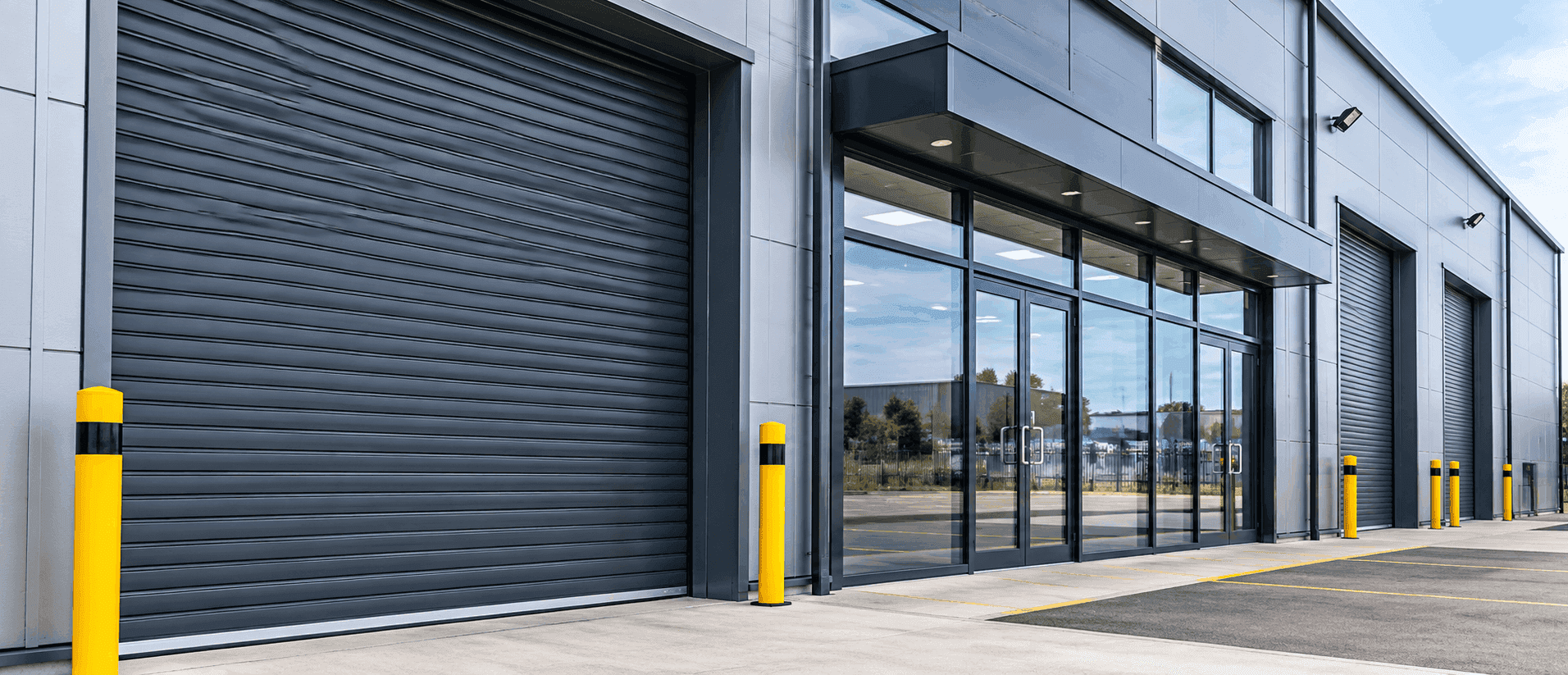 Modern commercial premises with roller shutters, glazed shopfront and industrial access doors.
