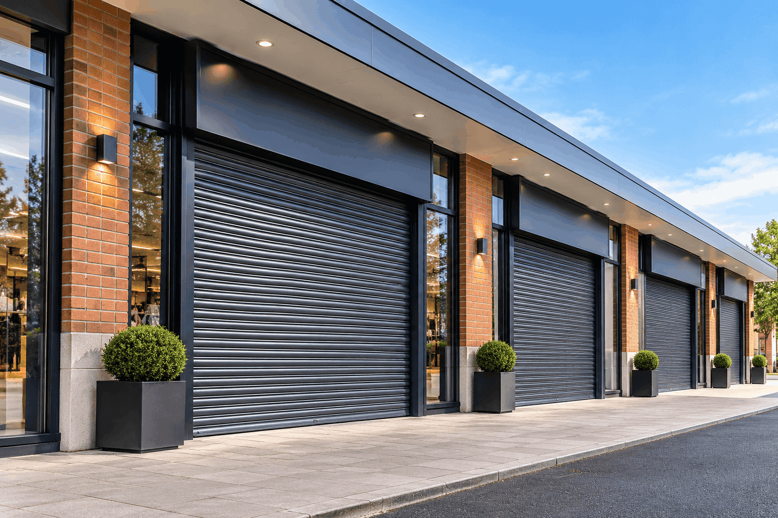 Modern retail shopfronts with aluminium framing and commercial roller shutters.