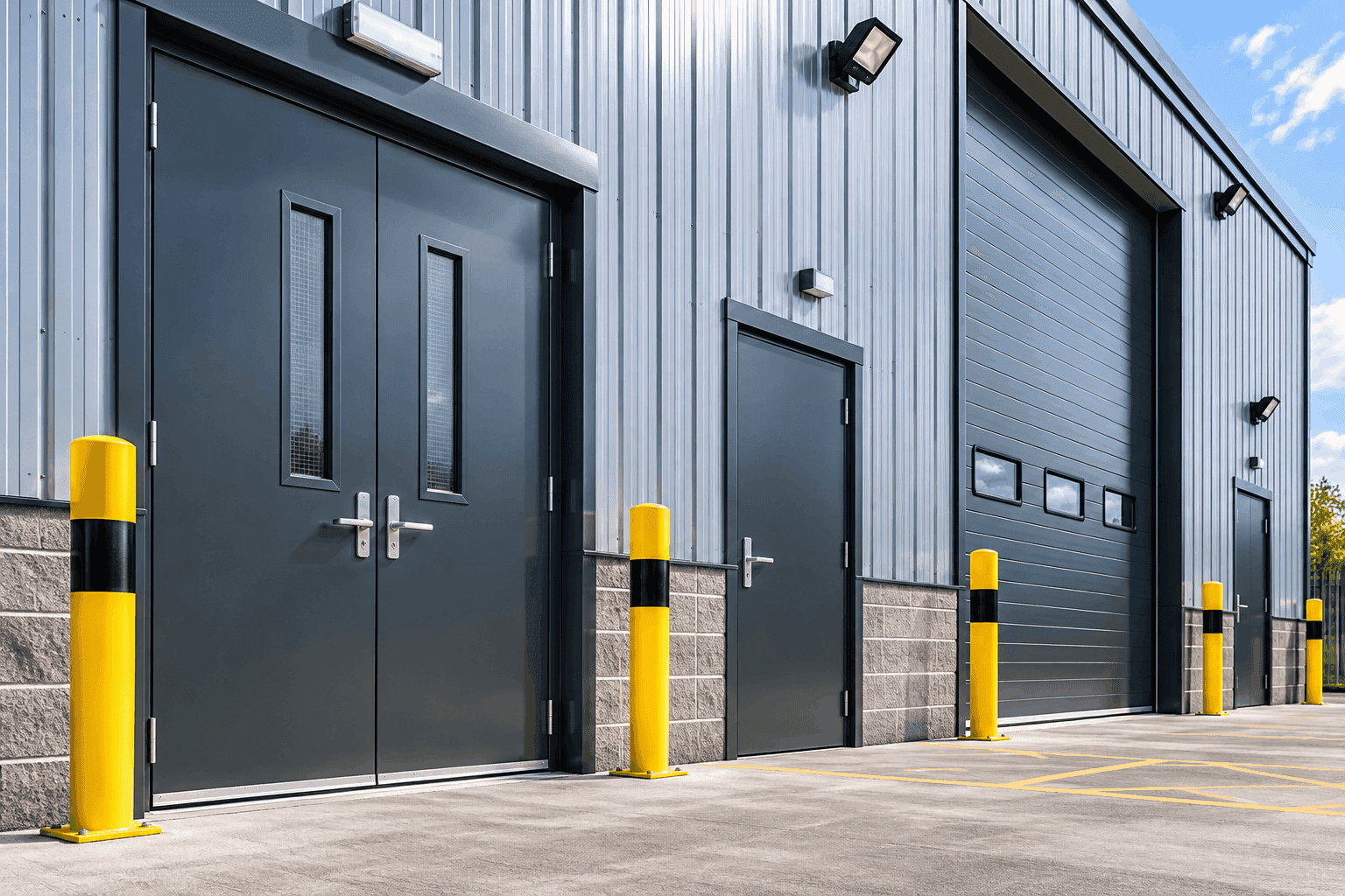 Steel security, personnel and emergency exit doors installed at a commercial industrial premises.