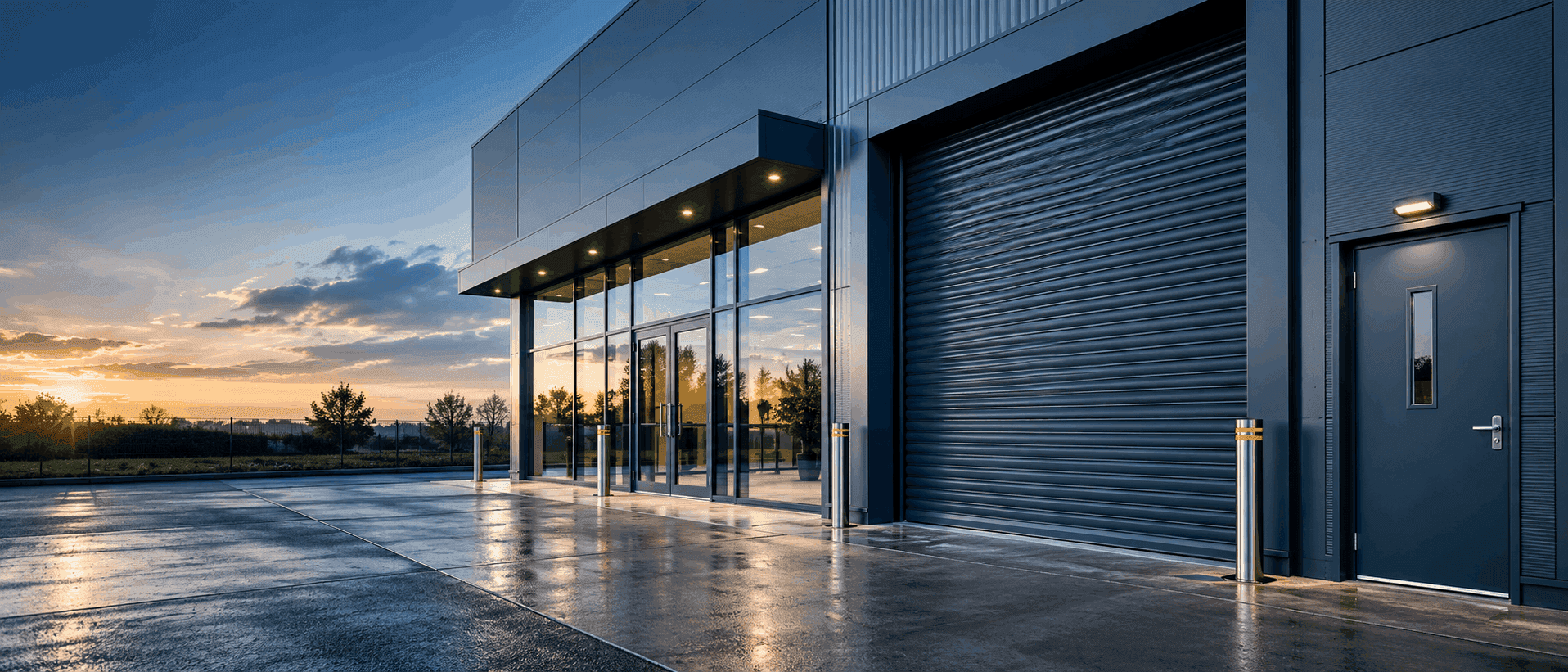 Commercial premises with a roller shutter, glazed shopfront and steel personnel door.